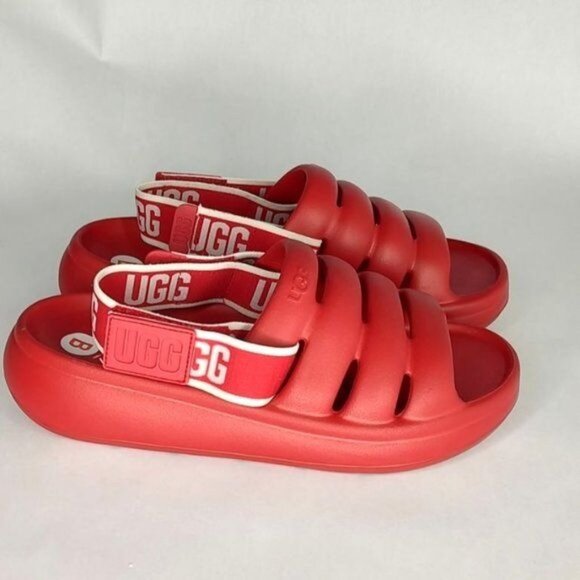 UGG Sport Yeah Sandals 9 Samba Red Slides logo Print Backstrap Resort Beach - Picture 5 of 10